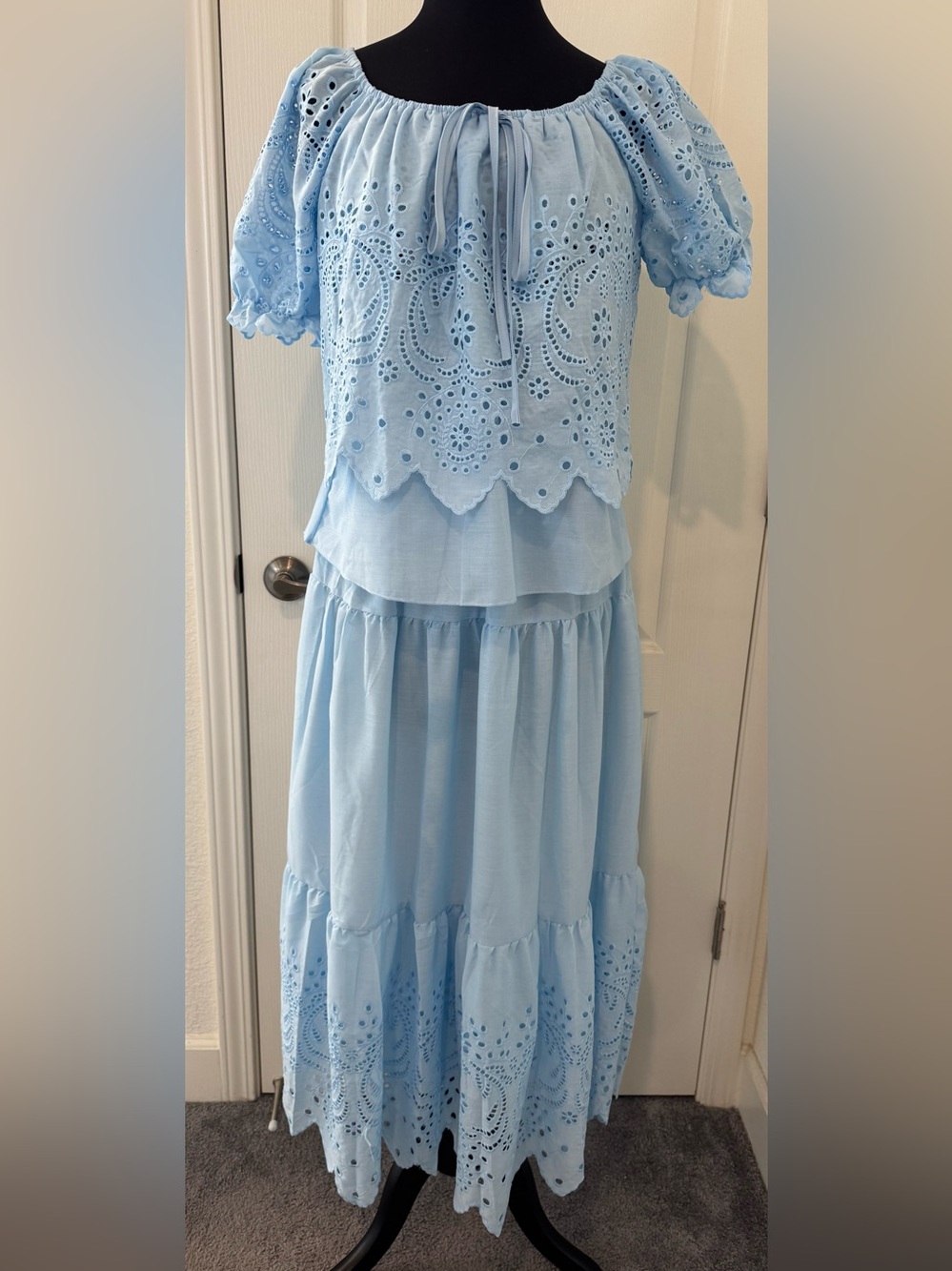 Powder Blue Eyelet Tiered Two Piece Maxi Dress